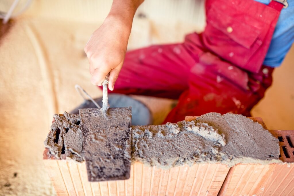 Construction mason worker bricklayer installing brick walls with trowel putty knife